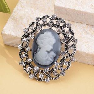 Antique Style Gray Cameo Brooch with Austrian Crystals